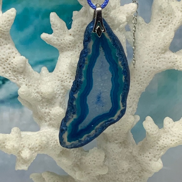 Handcrafted Blue Druzy Geode Agate Slice Necklace on Waxed Cotton Cord - Picture 7 of 13